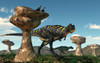 A pair of Aucasaurus dinosaurs walk amongst a forest of stone sculptures Poster Print - Item # VARPSTDEK600016P