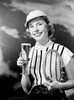 Portrait of smiling woman holding champagne and tennis racket Poster Print - Item # VARSAL255418164