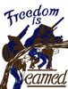 Vintage World War II poster showing a tank and artillery gun, moving forward, on the backs of workers. It reads, Freedom Is Earned. Poster Print - Item # VARPSTJPA100831M