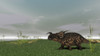 Brown Einiosaurus walking across prehistoric grasslands Poster Print
