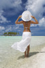 French Polynesia, Tuamotu Islands, Rangiroa Atoll, Woman In White Standing At Ocean's Edge. PosterPrint - Item # VARDPI1967382