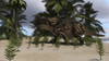 Brown Einiosaurus grazing in a prehistoric environment Poster Print