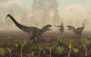 A pair of carnivorous Allosaurus dinosaurs tracking down a lone herbivorous Stegosaurus Poster Print - Item # VARPSTMAS100417P