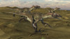 Three Utahraptors running across a desert landscape Poster Print