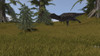 Majungasaurus running across a grassy field Poster Print