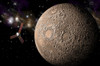 An artist's depiction of a probe investigating a heavily cratered moon in deep space. Poster Print - Item # VARPSTMRC200038S