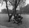 Young couple sitting under tree and reading book Poster Print - Item # VARSAL255418115