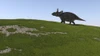 Triceratops walking across a grassy field Poster Print