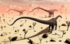 A small group of Diplodocus sauropod dinosaurs walk through a desert-like region in search of greener pastures Poster Print - Item # VARPSTMAS100382P