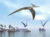 Three pteranodons flying over landscape with hills, palm trees and water Poster Print - Item # VARPSTEDV600112P