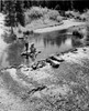 Vintage photograph of boy and girl on wooden raft  fly-fishing with improvised fishing rods in stream Poster Print - Item # VARSAL25516348