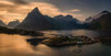 Sunset above Sakrisoya village with mountains ridge in background, Lofoten, Nordland, Norway Poster Print - Item # VARPPI169419