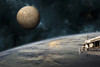 A team of astronauts work on a space station in orbit. An Earth-like planet sees the glow of a nearby sun while a heavily cratered moon rises above. Poster Print - Item # VARPSTMRC200125S