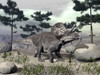 Zuniceratops dinosaur walking on a hill with large rocks and pine trees Poster Print - Item # VARPSTEDV600122P