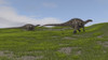 Two Dicraeosaurus dinosaurs walking across a grassy field Poster Print