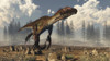 Utahraptor dinosaur running in the desert with a calamite forest in the background Poster Print - Item # VARPSTEDV600329P