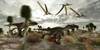 Three Pterosaur dinosaurs fly along and watch two Utahraptors as they hunt to share in the kill Poster Print - Item # VARPSTCFR200082P