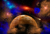 A colorful star system illuminated by different colored nebula gases, providing light and warmth to a nearby planet Poster Print - Item # VARPSTMAS100300S