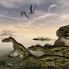 Pteranodon flying reptiles watch Deltadromeus dinosaurs search the shoreline for food to eat Poster Print - Item # VARPSTCFR200517P