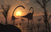 A passing comet travels through a prehistoric sky as Omeisaurus and duckbill dinosaurs graze in a freshwater lake together Poster Print - Item # VARPSTMAS100354P