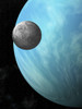 An artist's illustration of a heavily cratered moon in orbit around a water covered planet. Wisps of clouds circulate through the atmosphere of the planet Poster Print - Item # VARPSTMRC200063S