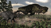 Tyrannosaurus rex roaring at a Triceratops Poster Print - Item # VARPSTEDV600345P