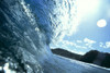 Translucent Curling Blue Wave Backlit, Shimmery Waters, Land In Background PosterPrint - Item # VARDPI2002095