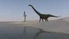 Mamenchisaurus walking along the shoreline Poster Print
