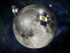 Artist's concept of twin GRAIL spacecraft flying in formation around the moon. Using a precision formation-flying technique, the twin GRAIL spacecraft will map the moon's gravity field Poster Print - Item # VARPSTSTK203805S