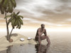 Male Homo Erectus sitting alone on a beach island next to coconuts while thinking Poster Print - Item # VARPSTEDV600123P