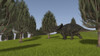 Triceratops walking across a grassy field Poster Print