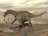 Large Dicraeosaurus dinosaur walking on rocky terrain Poster Print