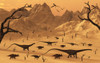 A mixed herd of dinosaurs including sauropods, Triceratopians, and duckbill dinosaurs, travel together as they migrate to greener pastures Poster Print - Item # VARPSTMAS100381P