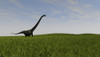 Mamenchisaurus walking across a grassy field Poster Print