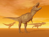 Three Tyrannosaurus Rex dinosaurs in an orange foggy desert by sunset Poster Print - Item # VARPSTEDV600040P