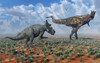 A Pachyrhinosaurus confronting a Carnotaurus Poster Print