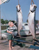Side profile of a boy holding a fishing rod and looking at two hanging fish Poster Print - Item # VARSAL380819931