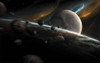 Dynamic space scene with incoming asteroids Poster Print