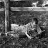 Boy lying on grass by wooden fence and  reading book Poster Print - Item # VARSAL255416402
