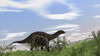 Dicraeosaurus walking across an open field Poster Print