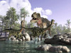 A Tyrannosaurus Rex hunting two Gallimimus dinosaurs in a prehistoric river Poster Print - Item # VARPSTVET600038P