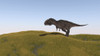 Majungasaurus walking across a grassy field Poster Print