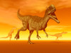 Three Monolophosaurus dinosaurs in the desert by sunset Poster Print - Item # VARPSTEDV600032P