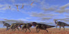 A herd of Parasaurolophus dinosaurs migrate through a desert searching for better vegetation Poster Print - Item # VARPSTCFR200084P