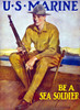 Vintage World War One poster of a U.S. Marine holding his rifle, sitting near the harbor. It reads, U.S. Marine - Be A Sea Soldier. Poster Print - Item # VARPSTJPA100708M