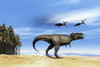 Two Pterodactyl flying dinosaurs fly over beastly Tyrannosaurus Rex at the seashore in prehistoric times Poster Print - Item # VARPSTCFR200051P