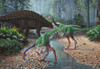 Ornithomimus dinosaurs swallowing stones along a stream as part of their diet, known as geophagy. A Panoplosaurus armored dinosaur wanders in the background Poster Print - Item # VARPSTSKR100153P