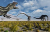 A carnivorous Allosaurus stalking a herd of Diplodocus sauropod dinosaurs during Earth's Jurassic period Poster Print - Item # VARPSTMAS600075P