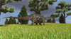 Dicraeosaurus walking across an open field Poster Print
