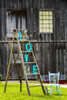 Wooden ladder on grassy lawn with "L O V E" letters placed on steps with old rustic wooden barn in the background and old wooden painted chair; Walters Fall, Ontario, Canada Poster Print by Michael Interisano / Design Pics - Item # VARDPI12321666